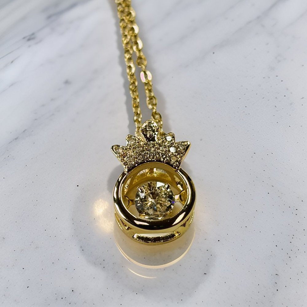 Gold 1.8 ct King's Crown with Round Cut Zircon Floater Pendant Necklace